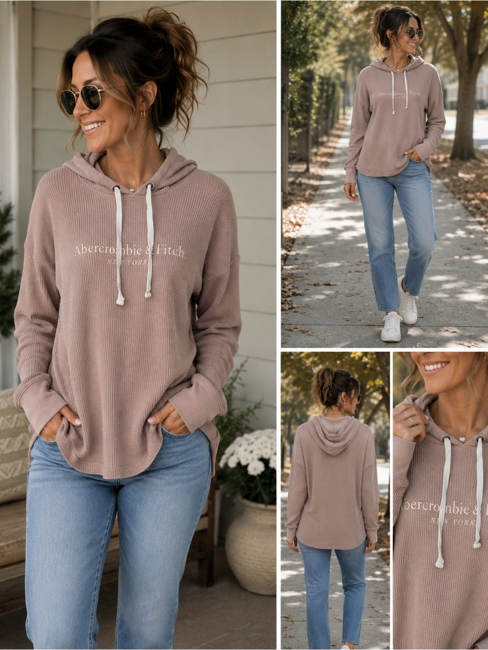Abercrombie & Fitch Waffle Knit Logo Hoodie Pullover Mauve Sz: S